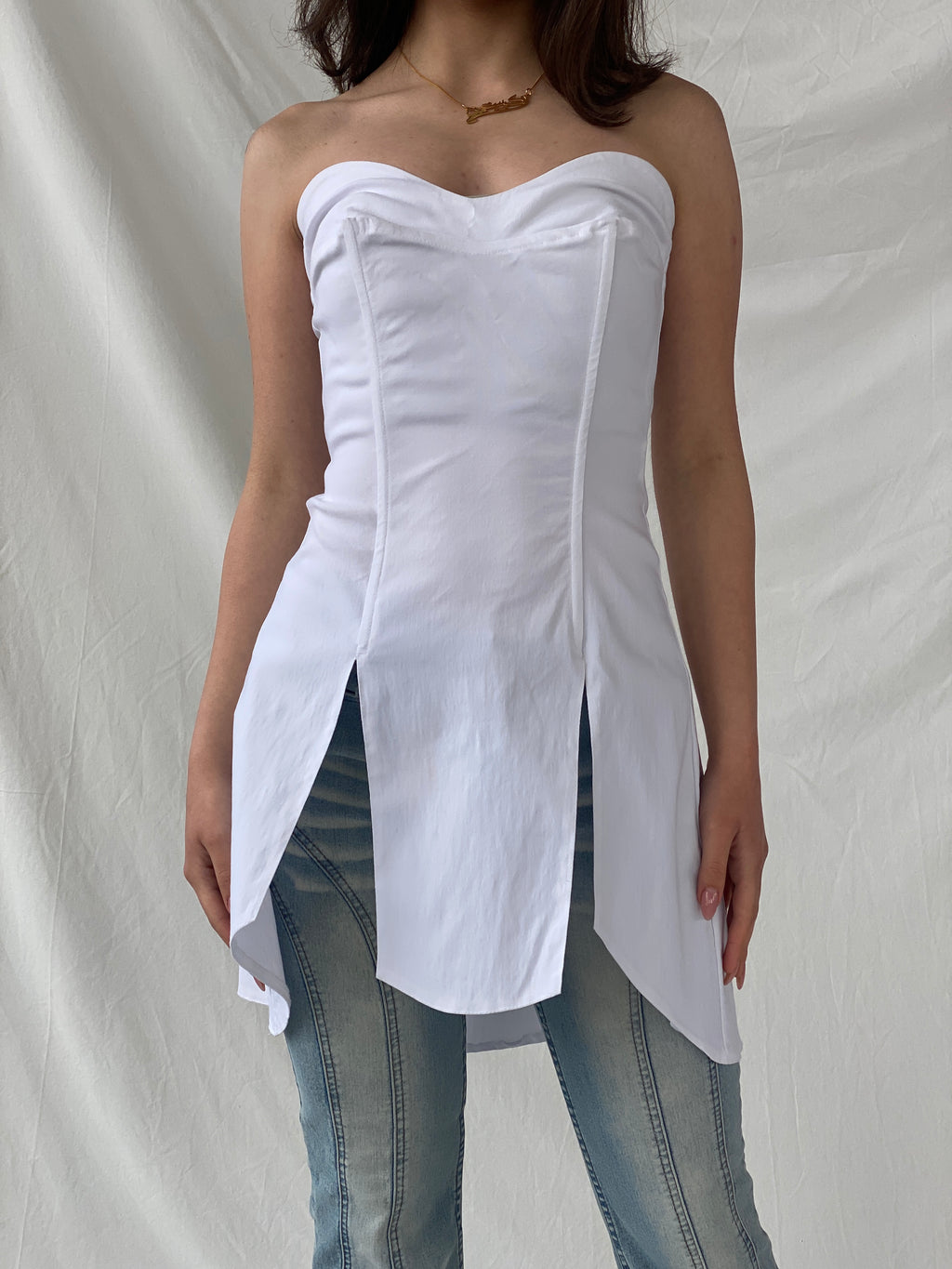 Beautiful Mara Margo White Boned Corset Bandeau Split Slit Top - XS