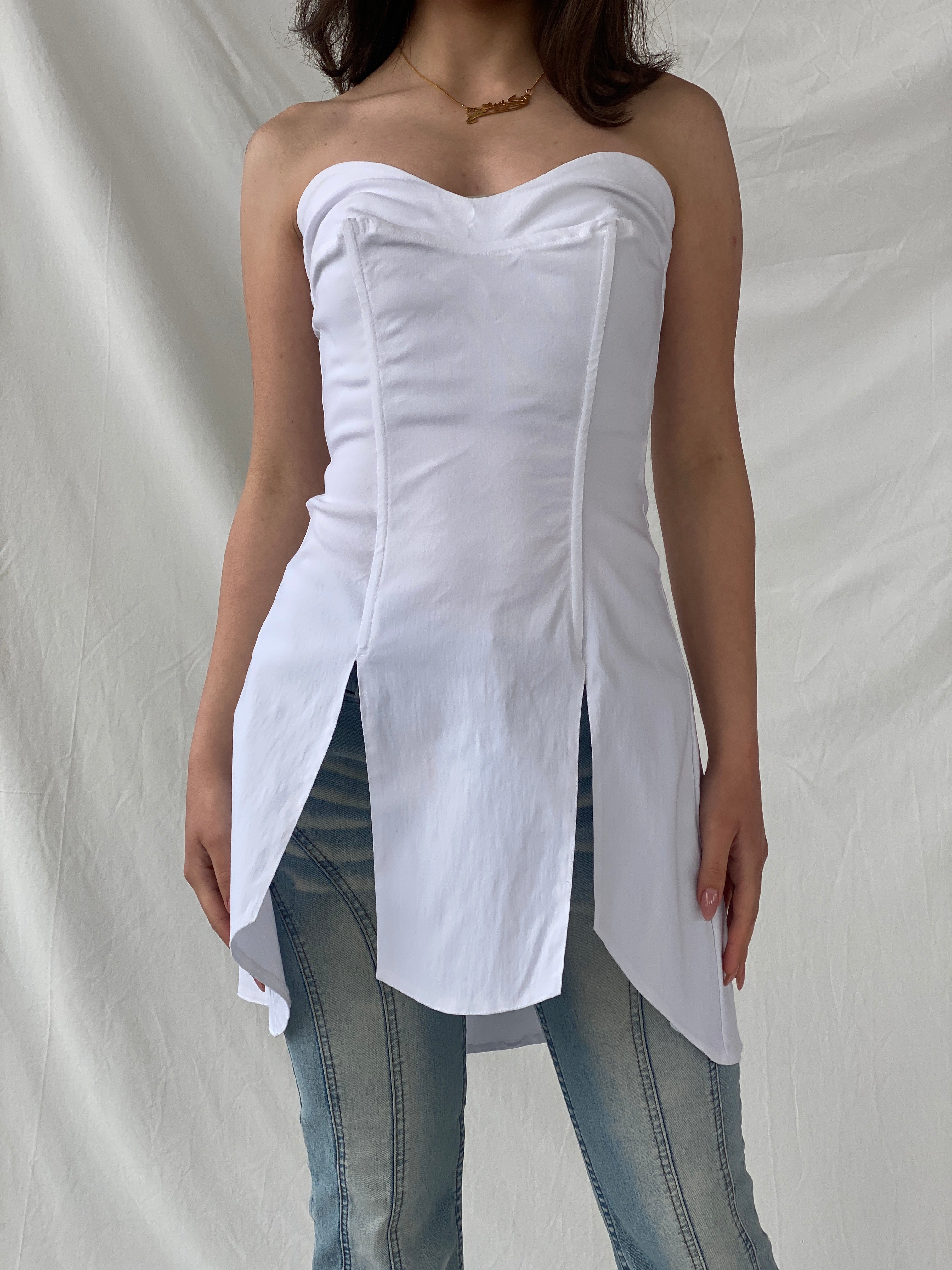 Beautiful Mara Margo White Boned Corset Bandeau Split Slit Top - XS