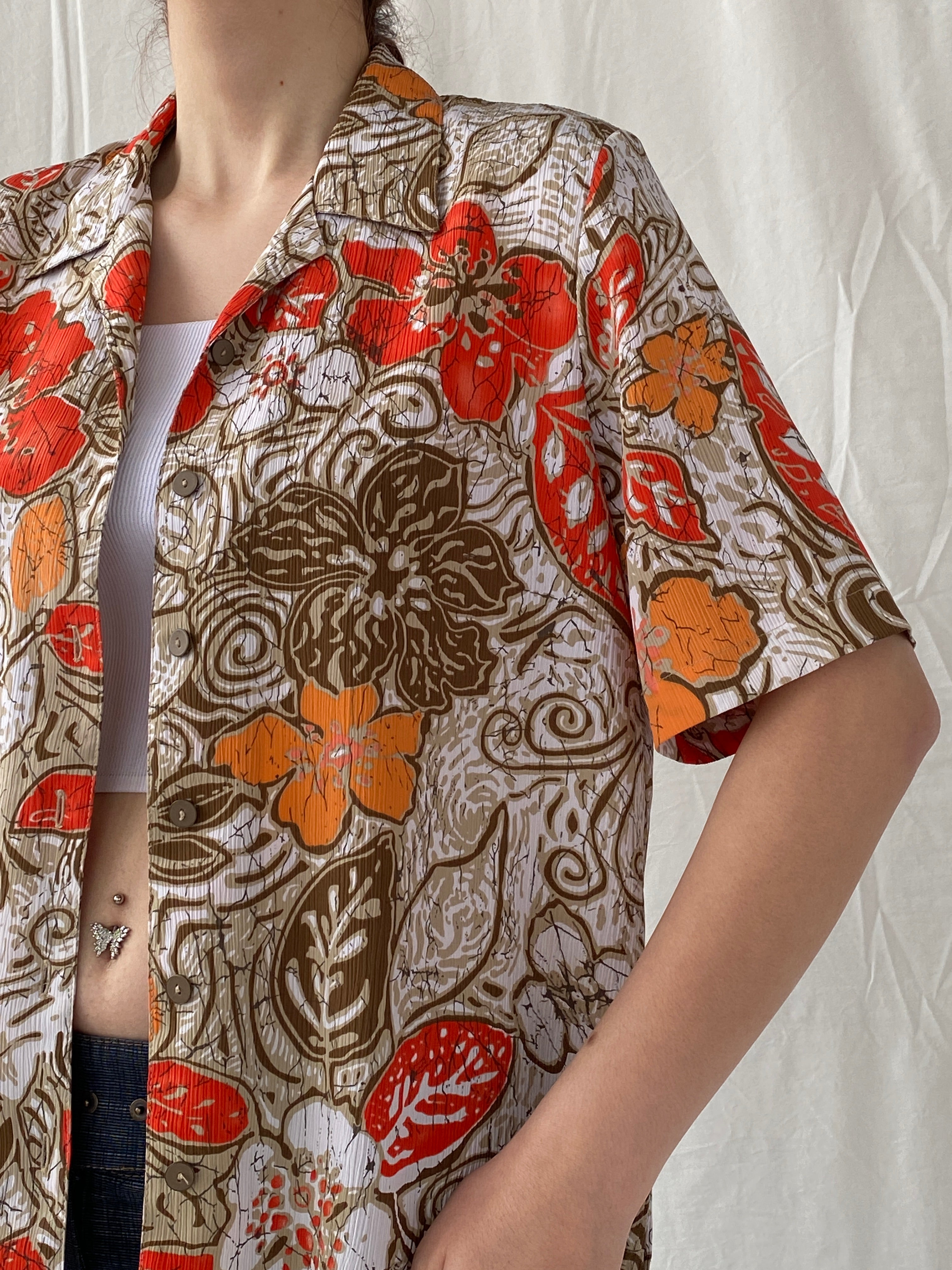 Vintage ALIA Orange Floral Women’s Short Sleeve Button Up Hawaiian Shirt - M