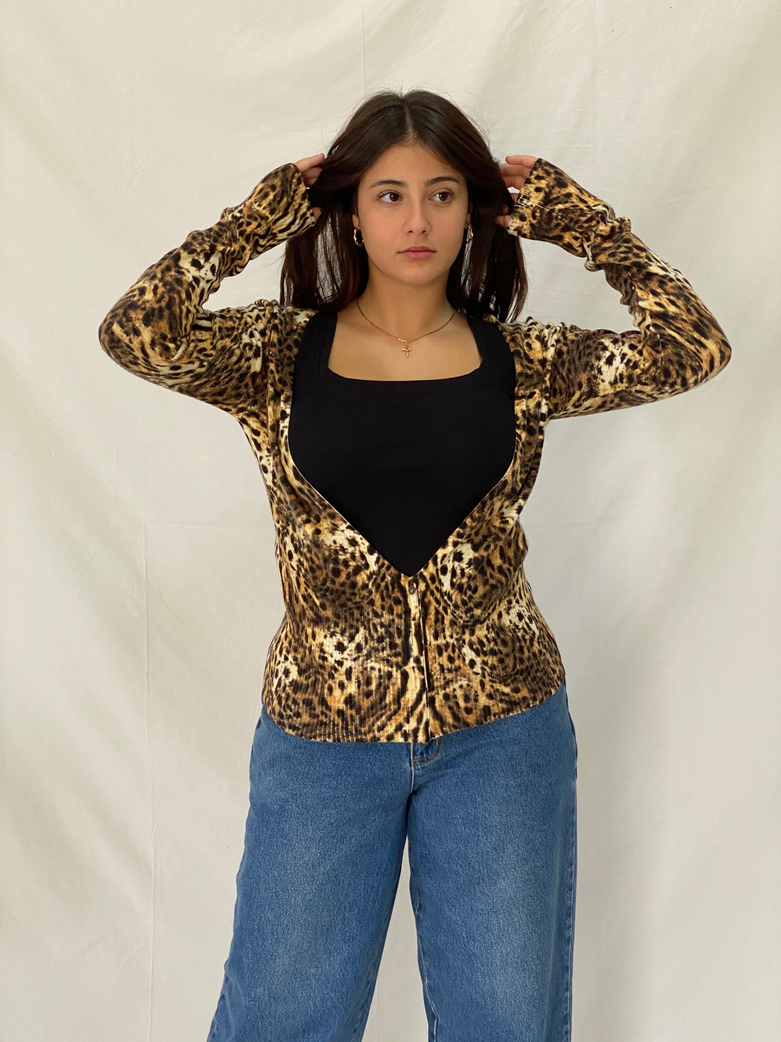 Vintage Morgan De Toi Y2K Leopard Print Knit Cardigan Top - S