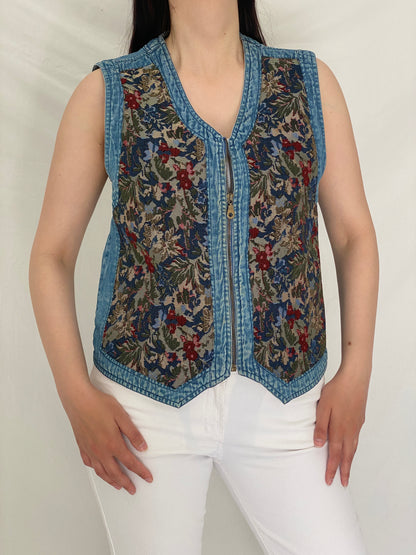 Vintage New Direction 90s Floral Tapestry Denim Vest Zip Up Waistcoat – L