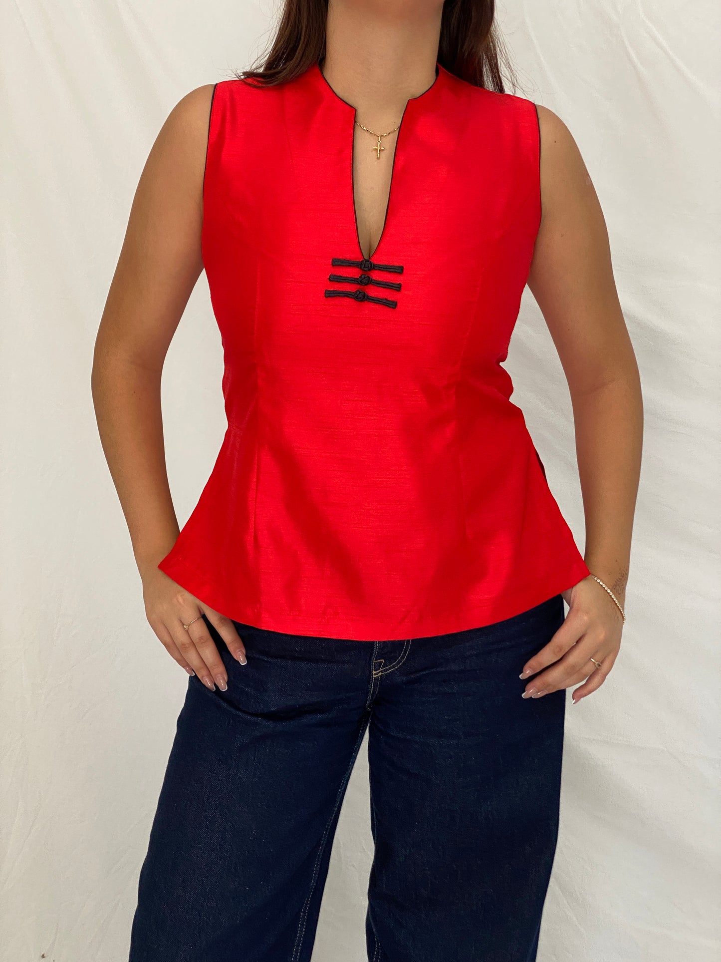 Vintage Handmade Japanese-Inspired Red Shantung Sleeveless Top – L