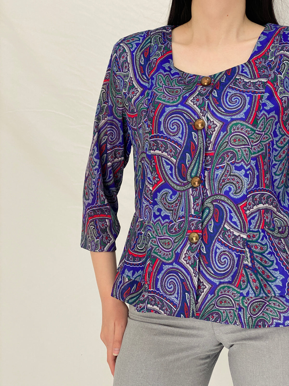 Vintage Amanda Blair Paisley Navy Peplum Satin Blouse Jewel Tone Print with Gold Buttons - L Vintage Amanda Blair Paisley Navy Peplum Satin Blouse Jewel Tone Print with Gold Buttons - L