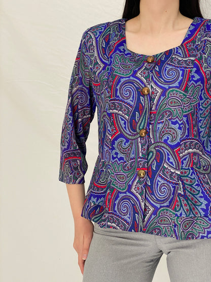 Vintage Amanda Blair Paisley Navy Peplum Satin Blouse Jewel Tone Print with Gold Buttons - L