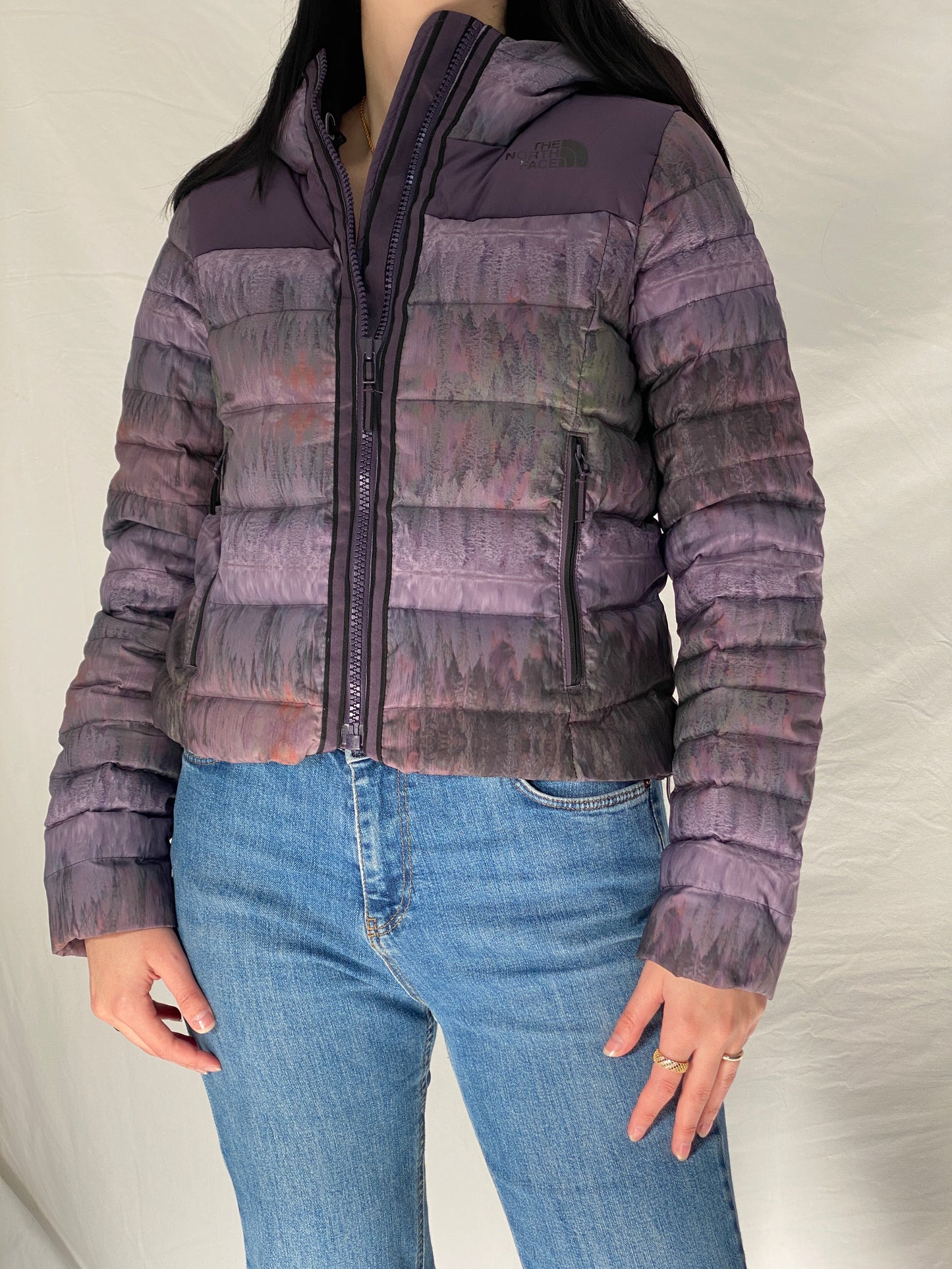 The North Face Purple Forest Print TNF Packable Fitted Puffer Jacket with Hood - M