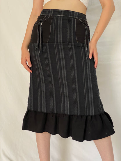 Vintage Y2K Kiabi Woman Black & Charcoal Striped Tiered Midi Skirt - M