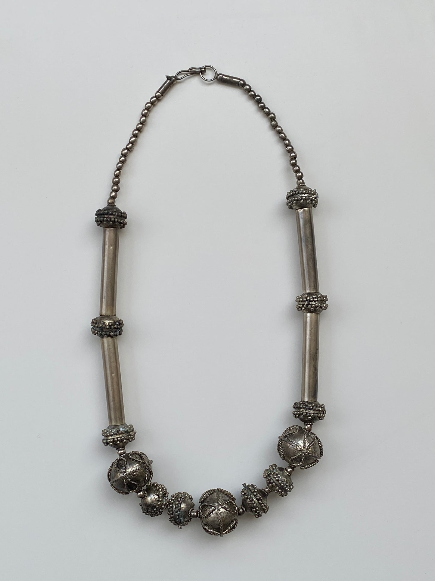 Vintage Tribal-Inspired Silver Tone Beaded Statement Necklace – Textured Metal & Bar Link Design