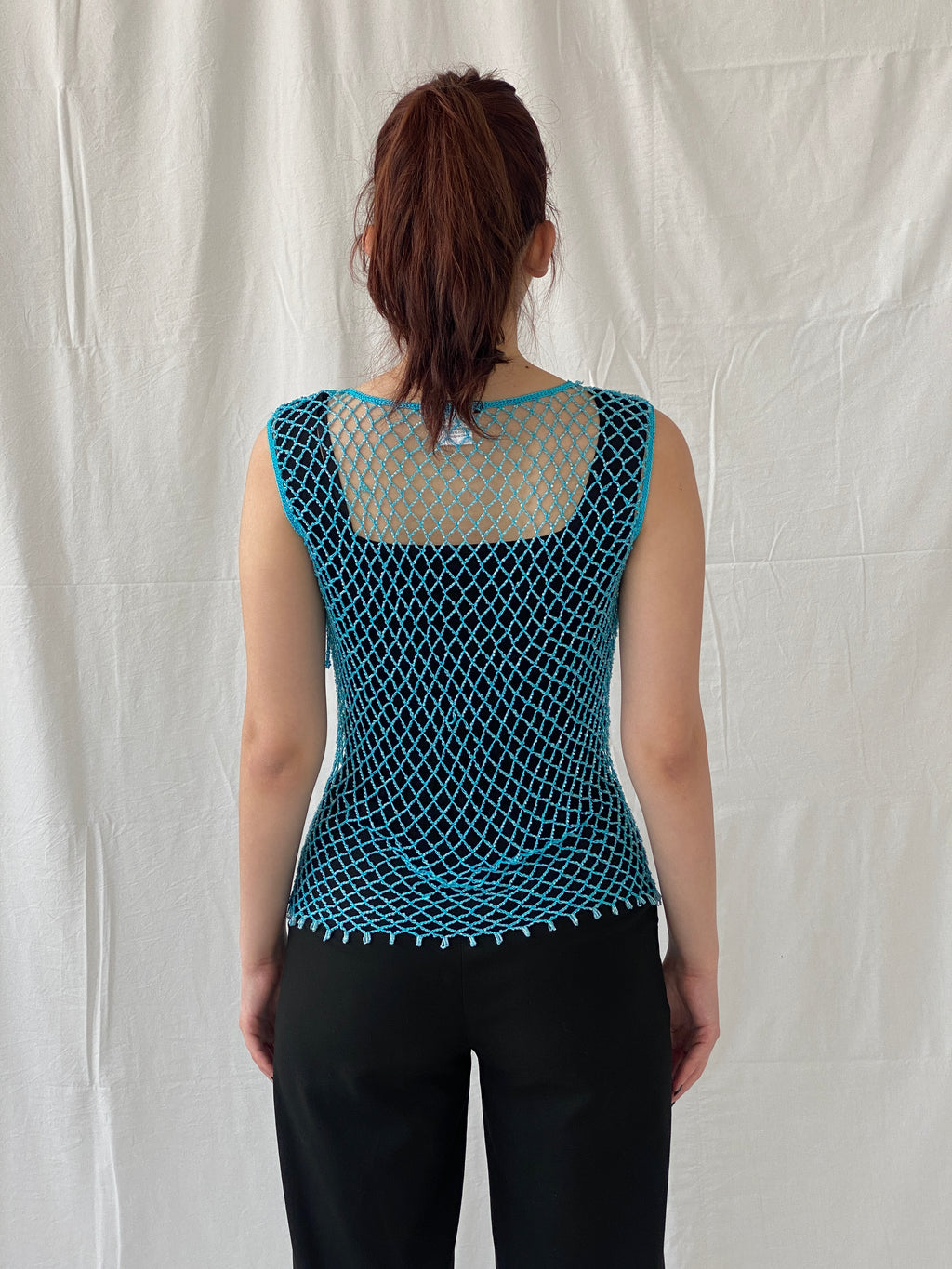 Vintage Y2K 2xtremz Women’s Net Beaded Crochet Blue Top - L