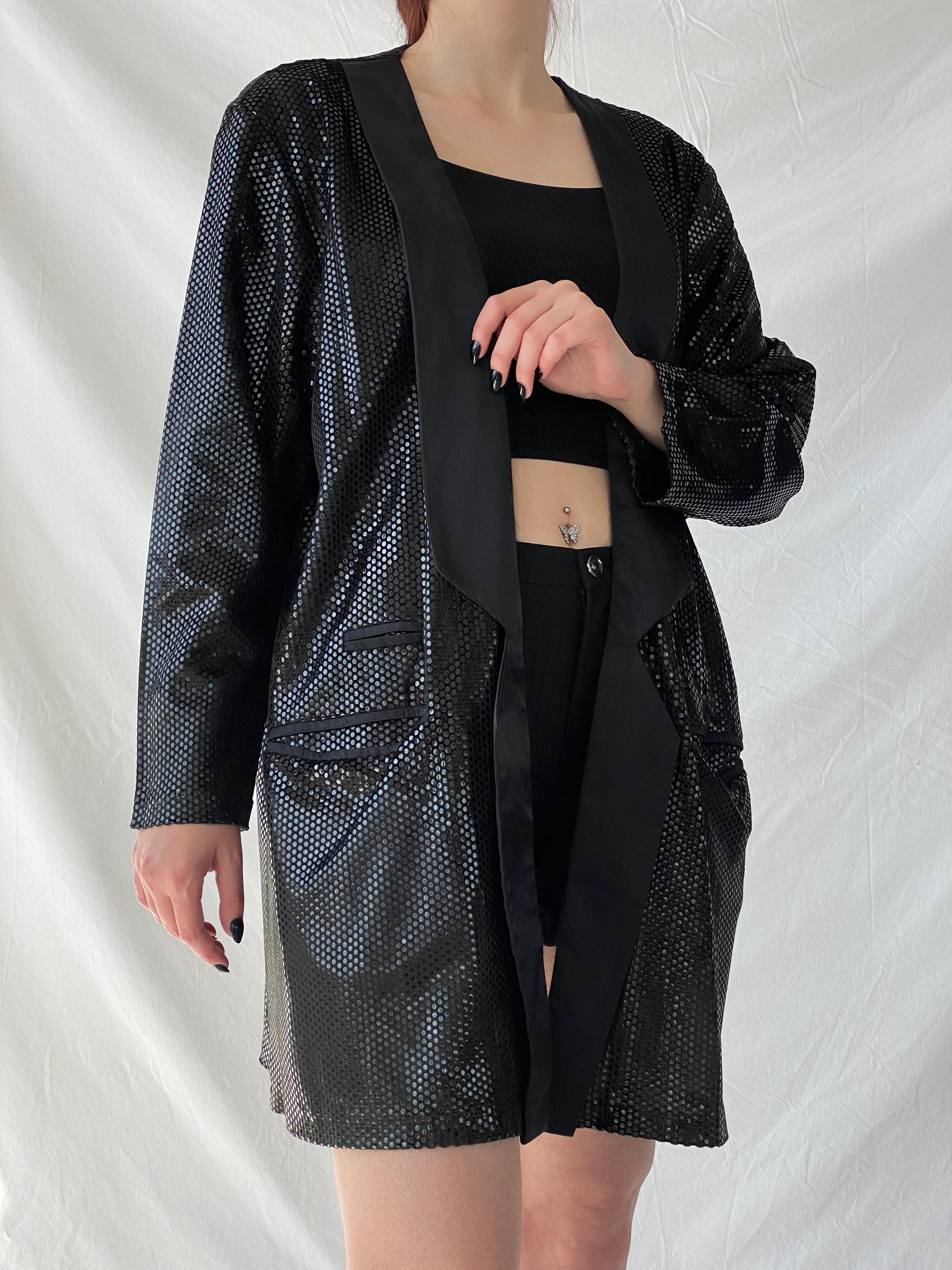 Vintage 90s GENG Sequin Party Long Women’s Blazer with Satin Trim - XL