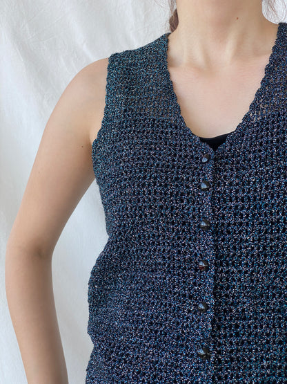 Vintage Handmade Knitted Blue Silver and Black Shimmery Buttoned Vest - S