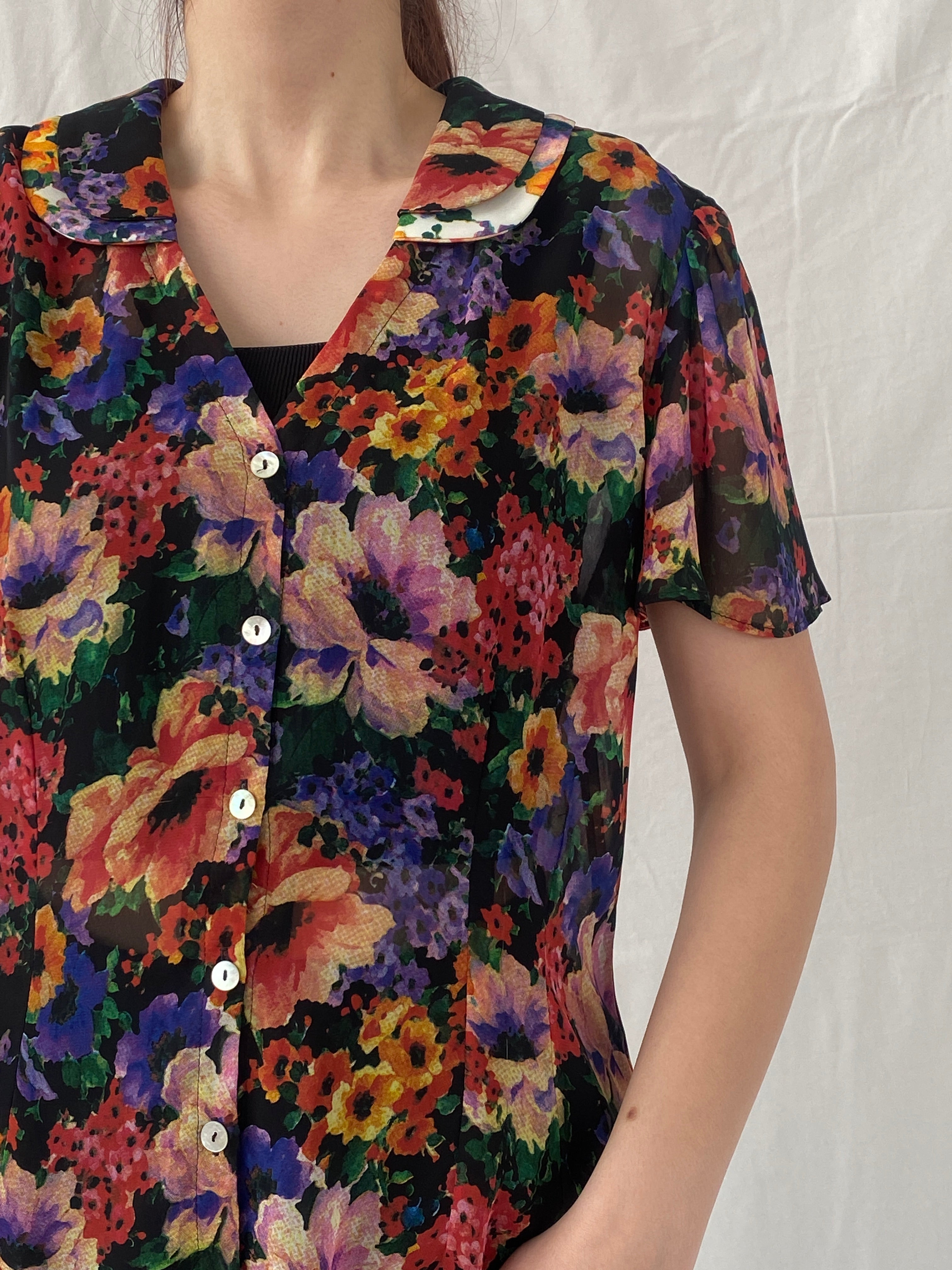 Vintage 90s Anne Lewis Sheer Floral Women’s Short Puff Sleeve Shirt - M