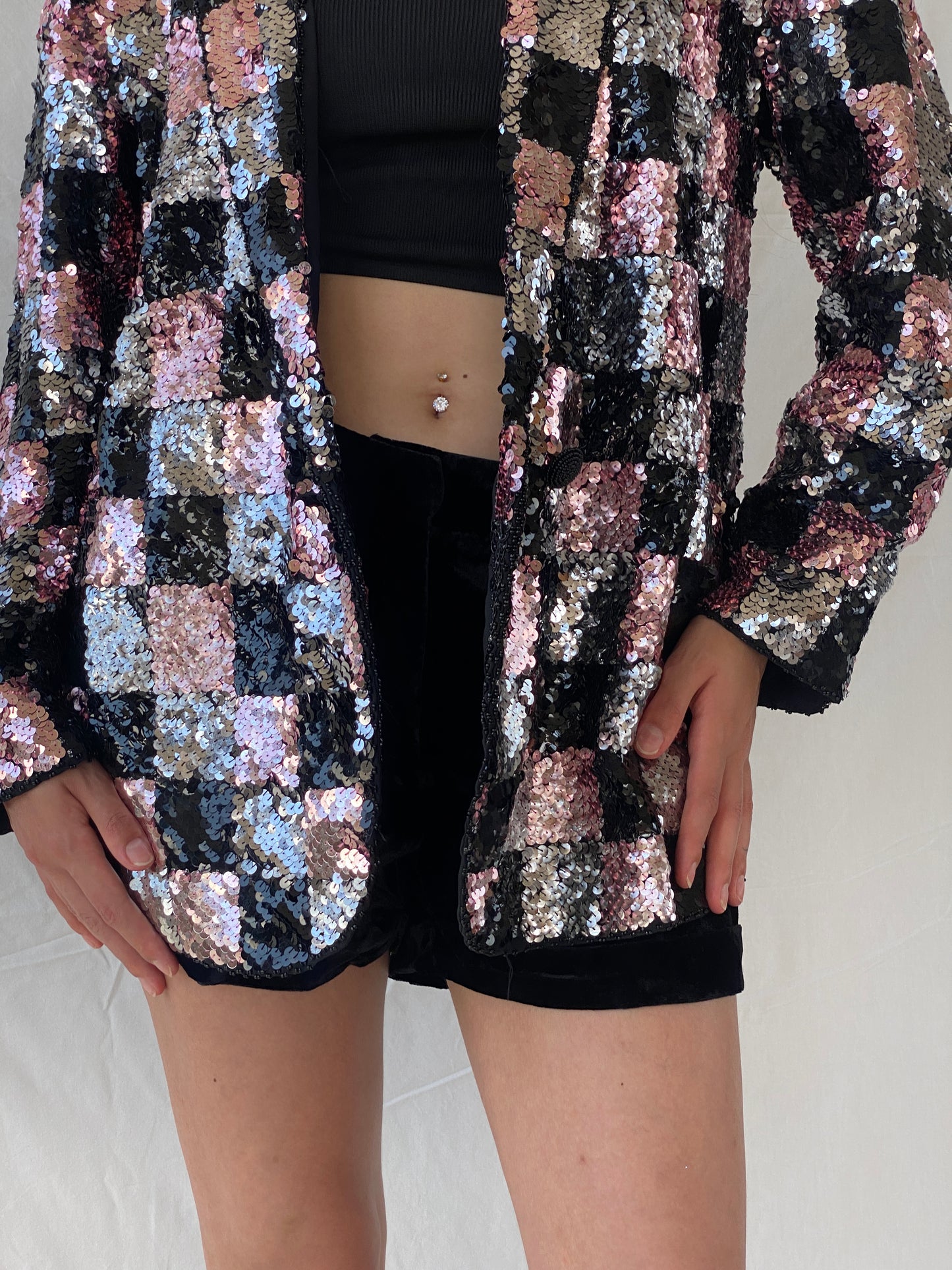 Statement Vintage Jris Black, Pink & Silver Sequin Party Blazer - M