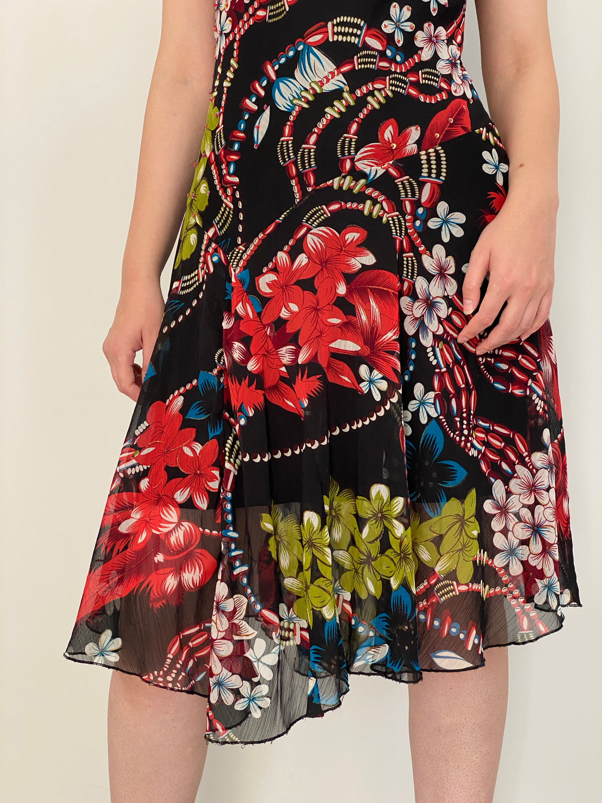 Vintage Y2K HUANGJIALIREN Black Silk Blend Floral Asymmetric Ruffle Dress - M