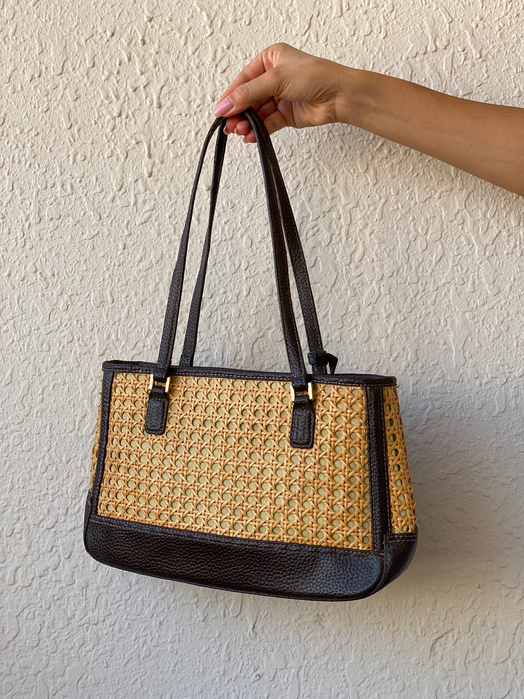 Liz Claiborne Woven Rattan Vegan Brown Leather Straw Shoulder Bag