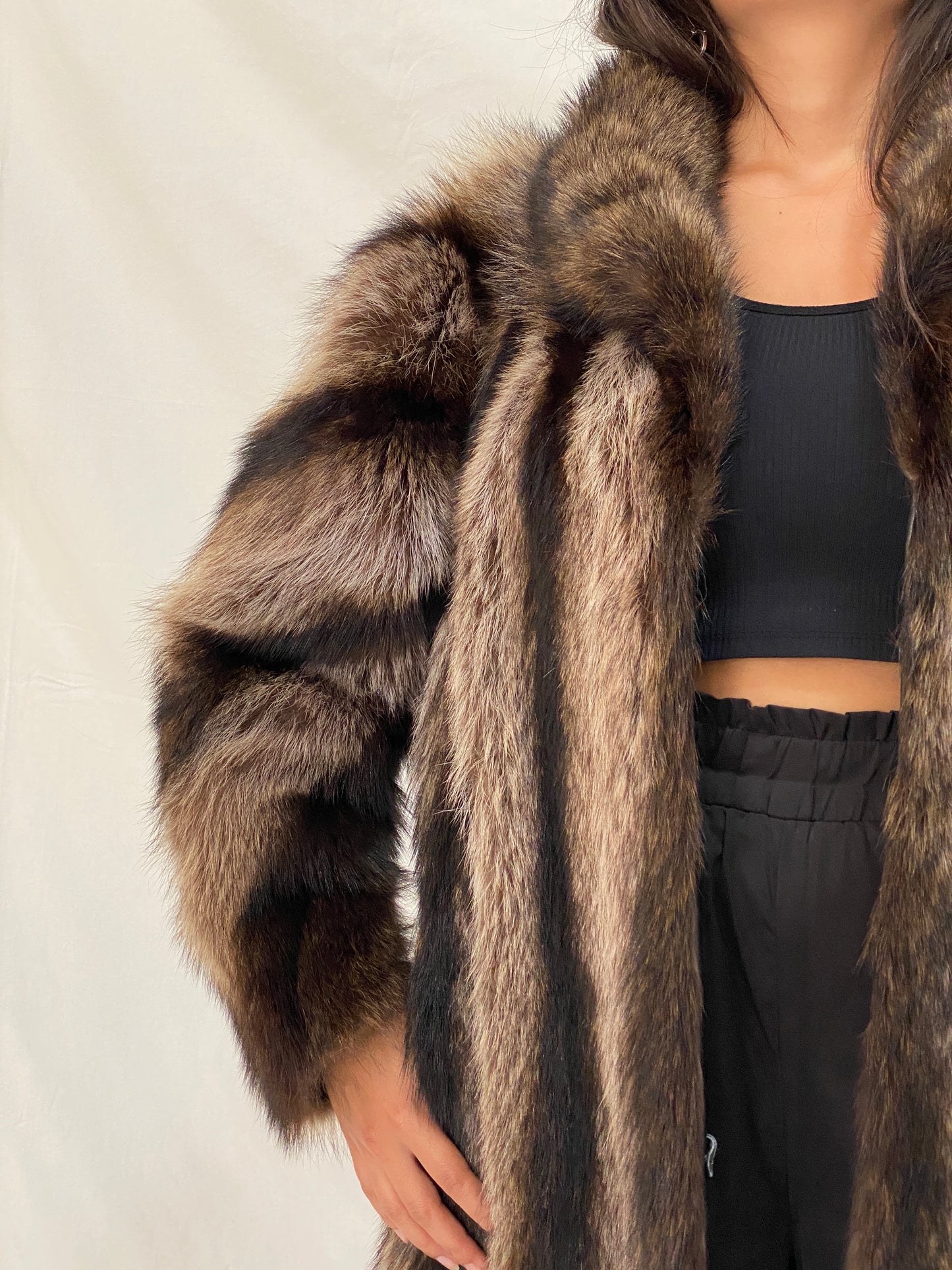 Vintage Real Fur Striped Brown & Black Coat Luxurious Genuine Raccoon Fur Winter Jacket - M