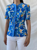 Elegant 90s Blue Orange Handmade Watercolor Floral Women’s Shirt - M