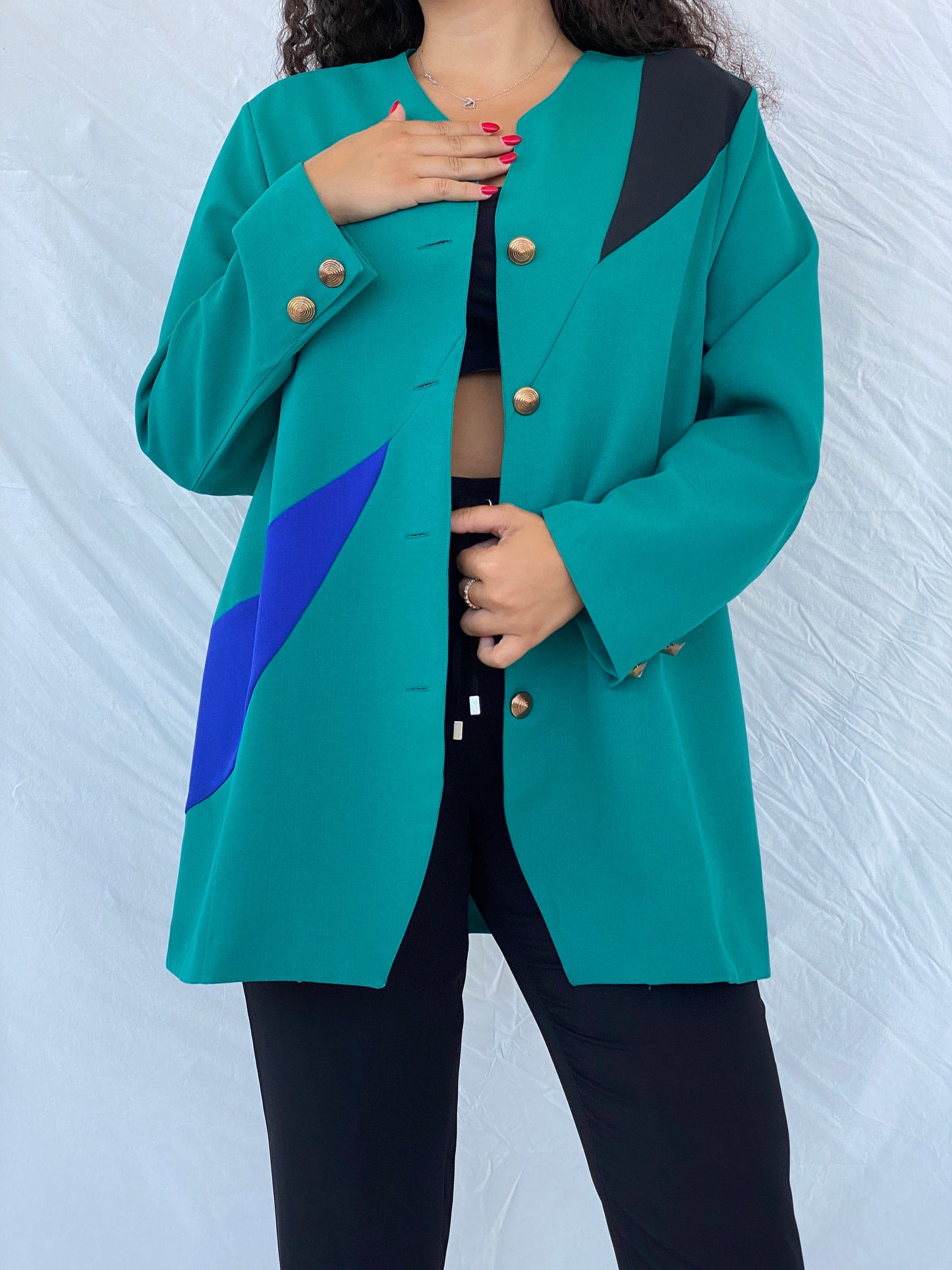 Statement Vintage 80s Sensia Green Gold-Buttoned Blazer - 2XL