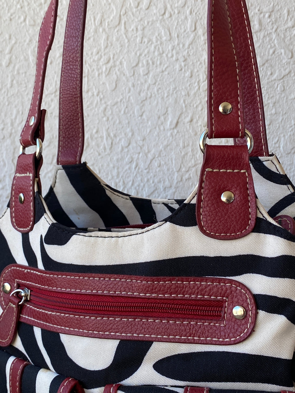 Vintage Y2K Zebra Print Black White Shoulder Bag Canvas with Faux Leather Red Detailing Purse
