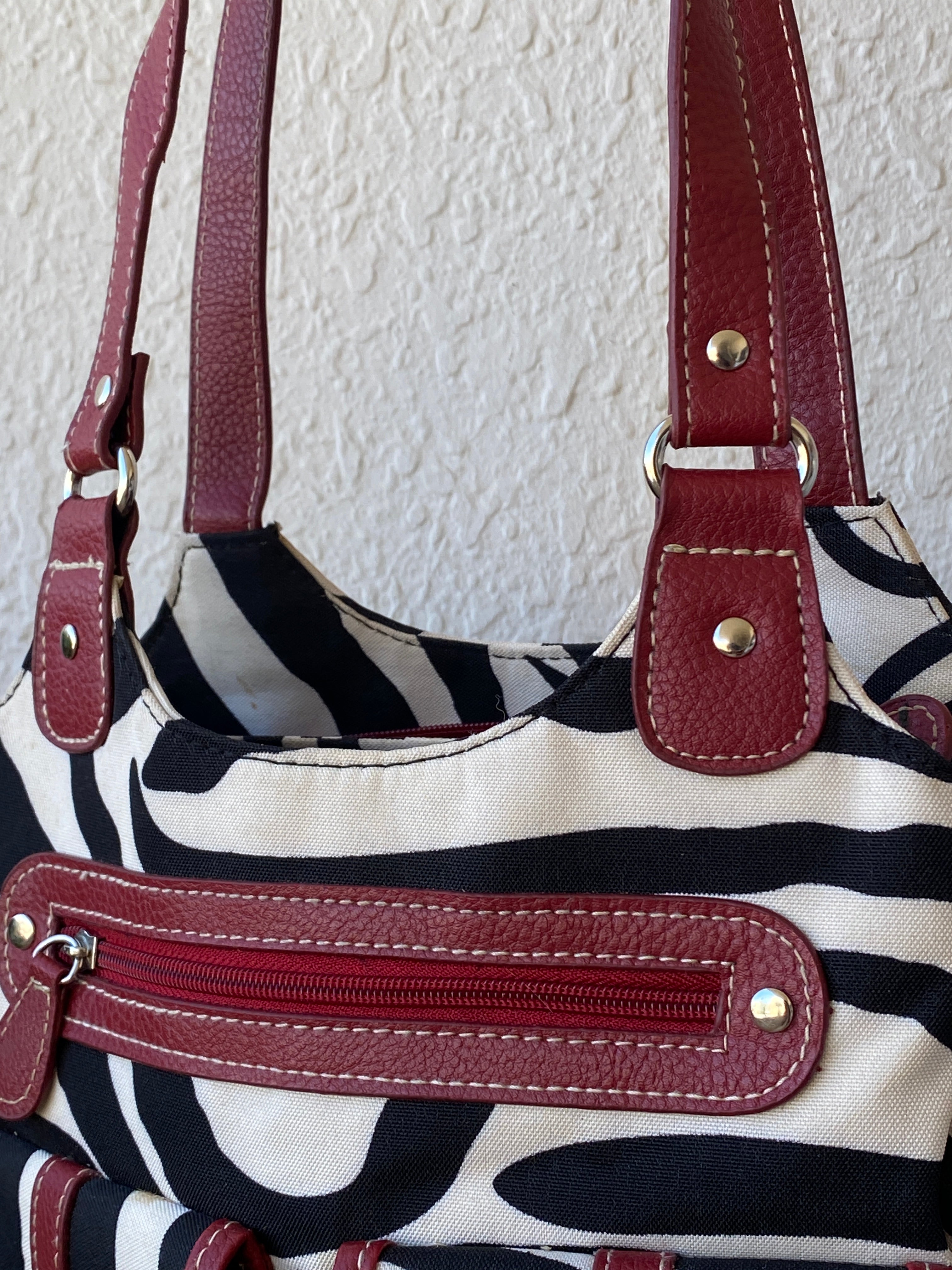Vintage Y2K Zebra Print Black White Shoulder Bag Canvas with Faux Leather Red Detailing Purse