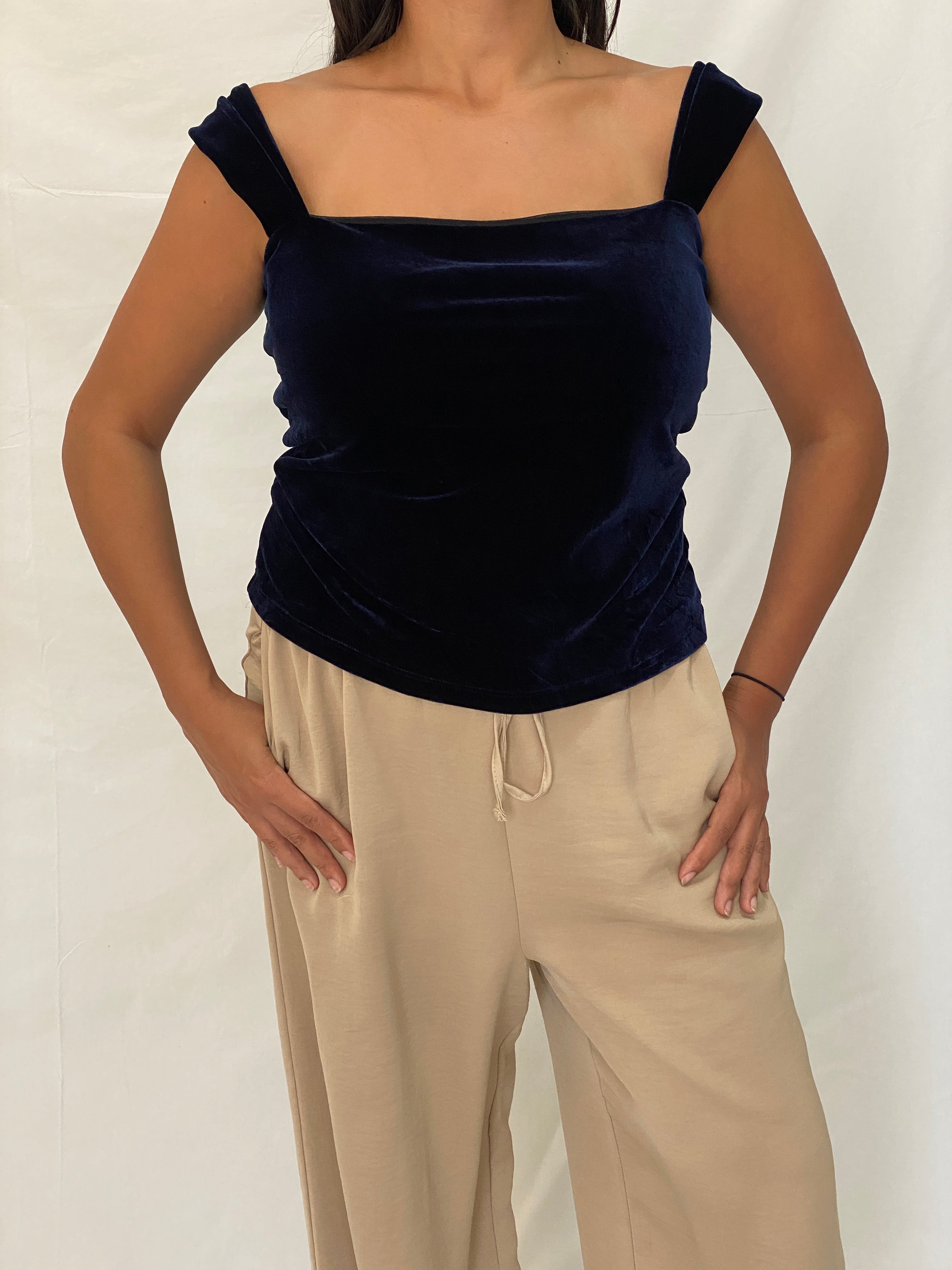 Carla Zampatti Midnight Blue Velvet Evening Off-Shoulder Strap Top - M