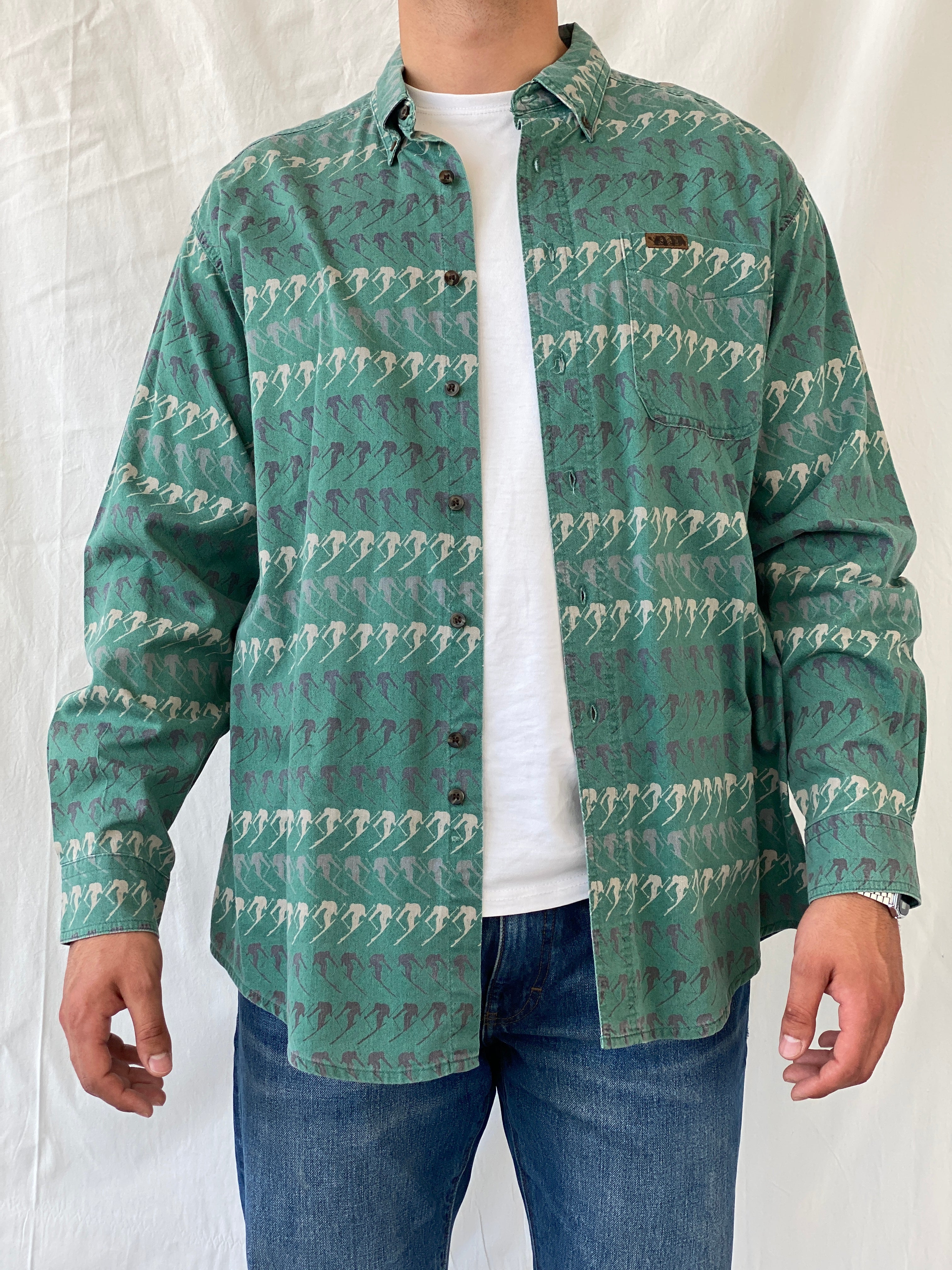 Vintage Woolrich Men’s Green Long Sleeve Cotton Skier Print Shirt - XL
