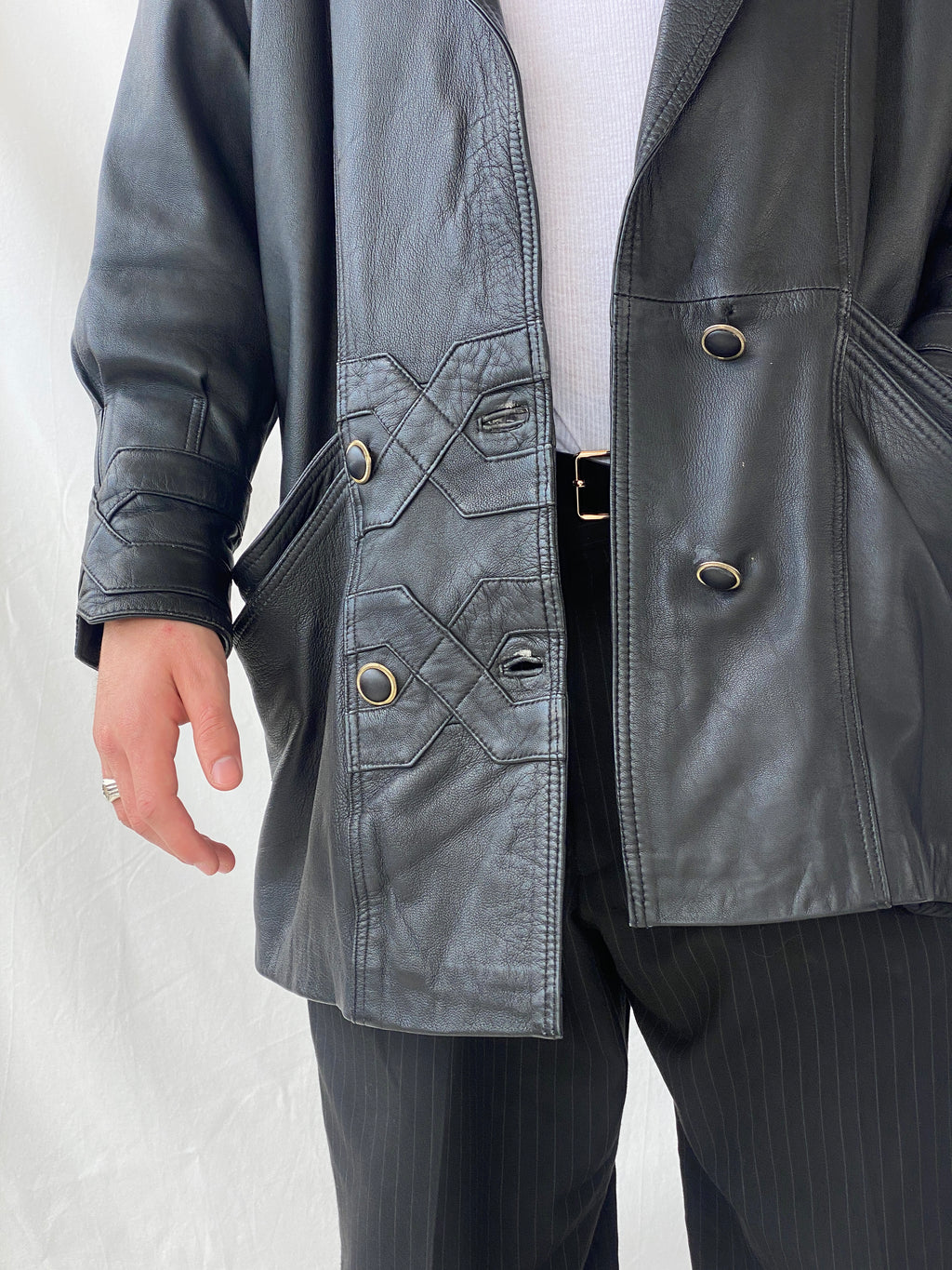 Statement 90s Vintage Genuine Italian Black Leather Coat with Geometric Details - L