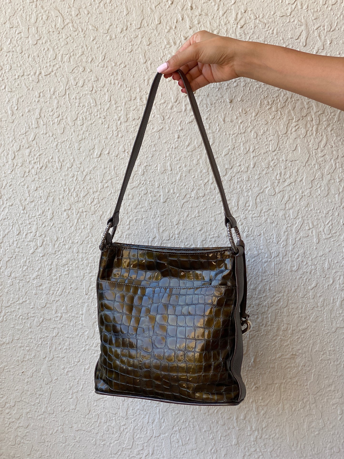 Vintage Brighton Olive Brown Croc Embossed Patent Shoulder Bag