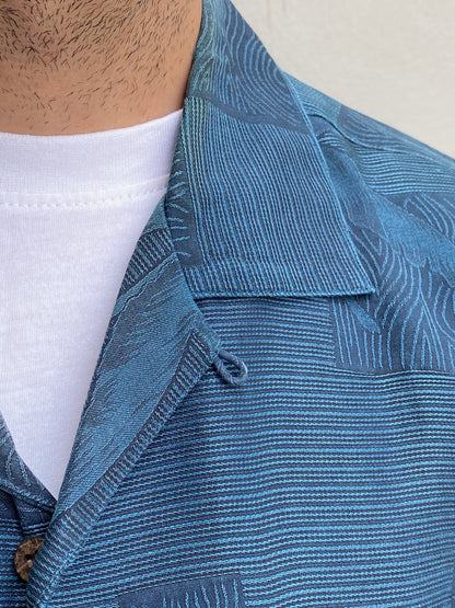 Vintage Tommy Bahama Relax Deep Navy Palm Jacquard Silk Camp Shirt – M