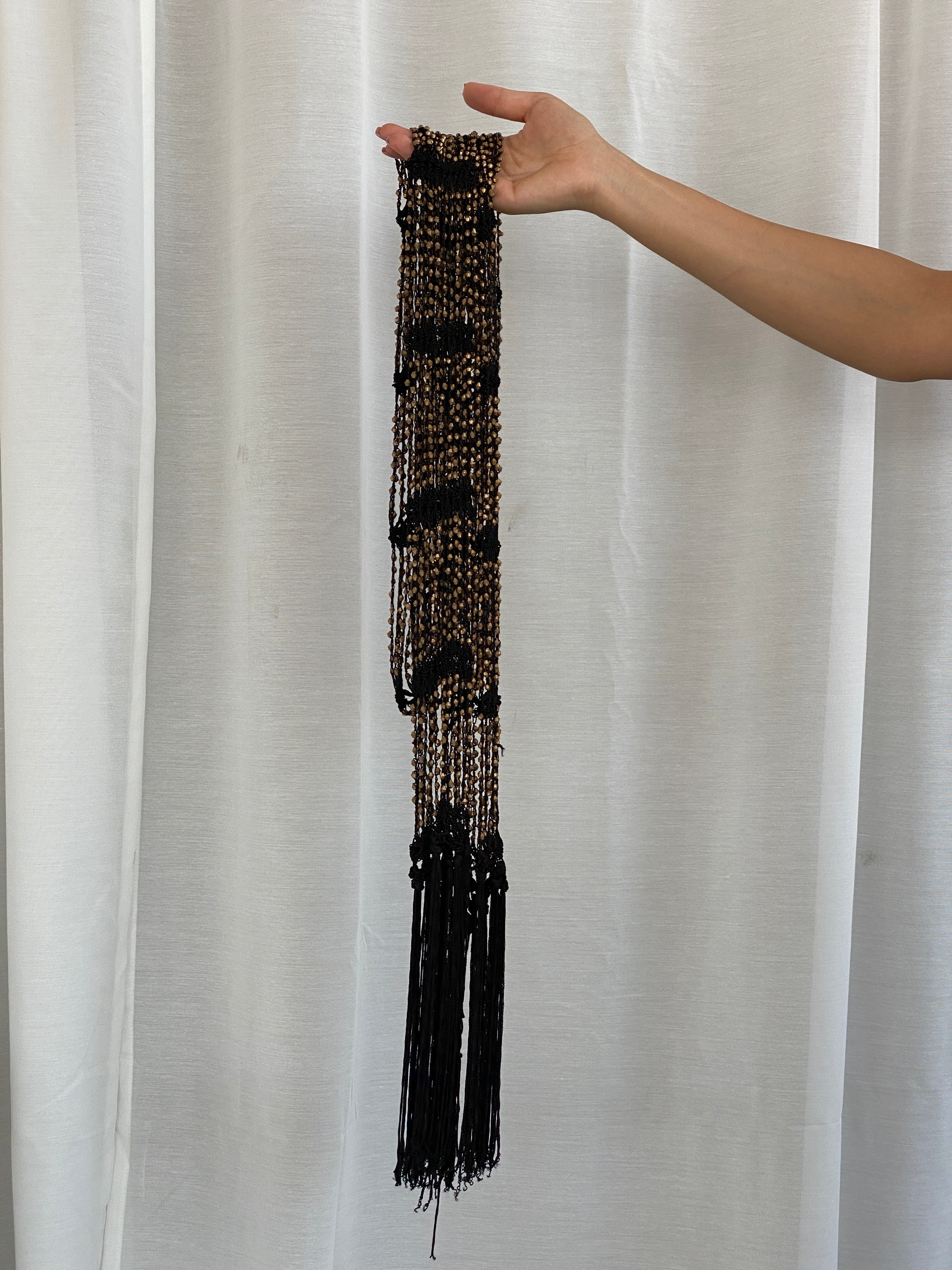 Therapy Black Crochet Beaded Fringe Scarf with Bronze Embellishments Statement Wrap