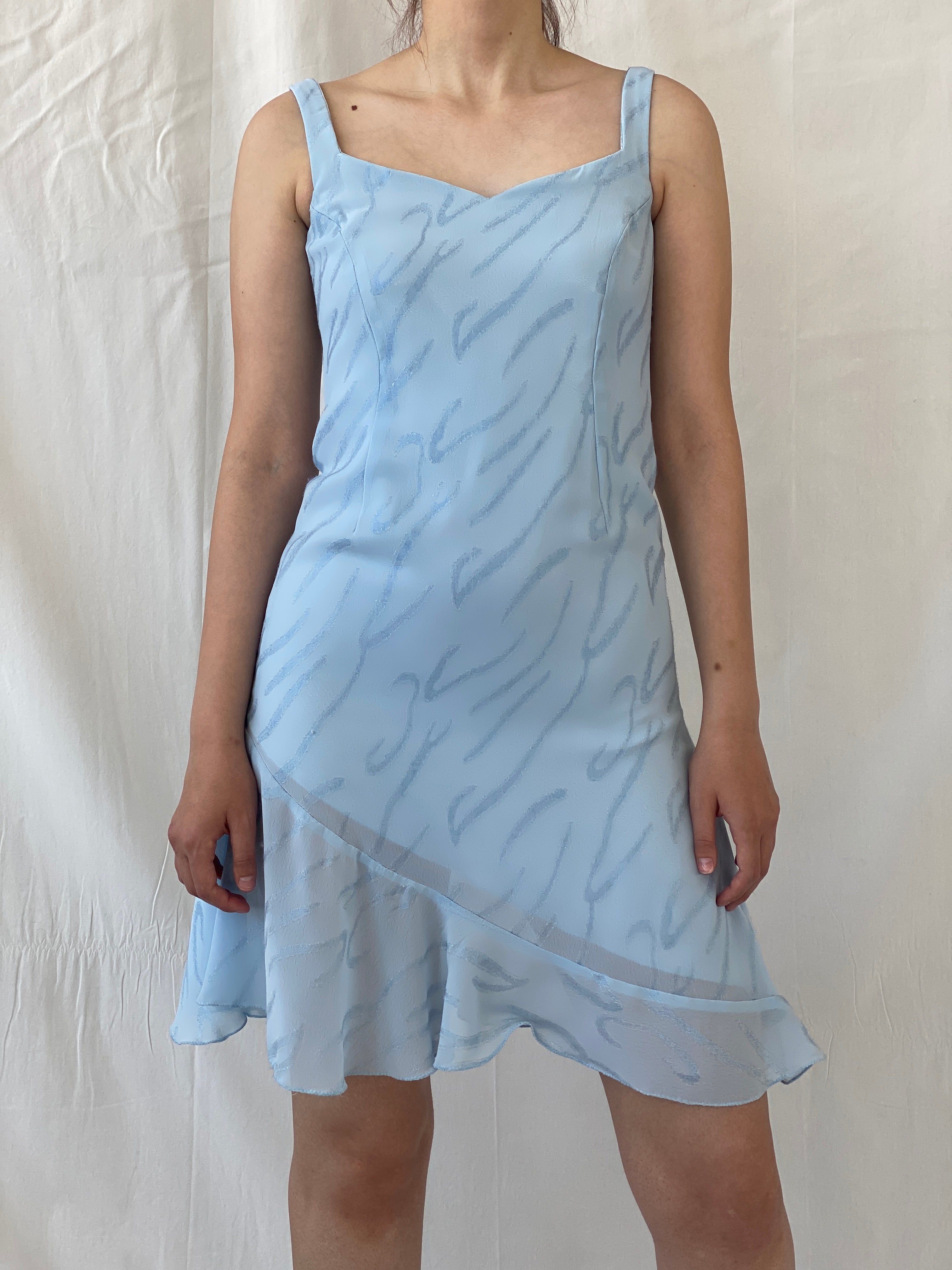 Y2K Handmade Sky Blue Glittery Ruffle Hem Mini Dress - M