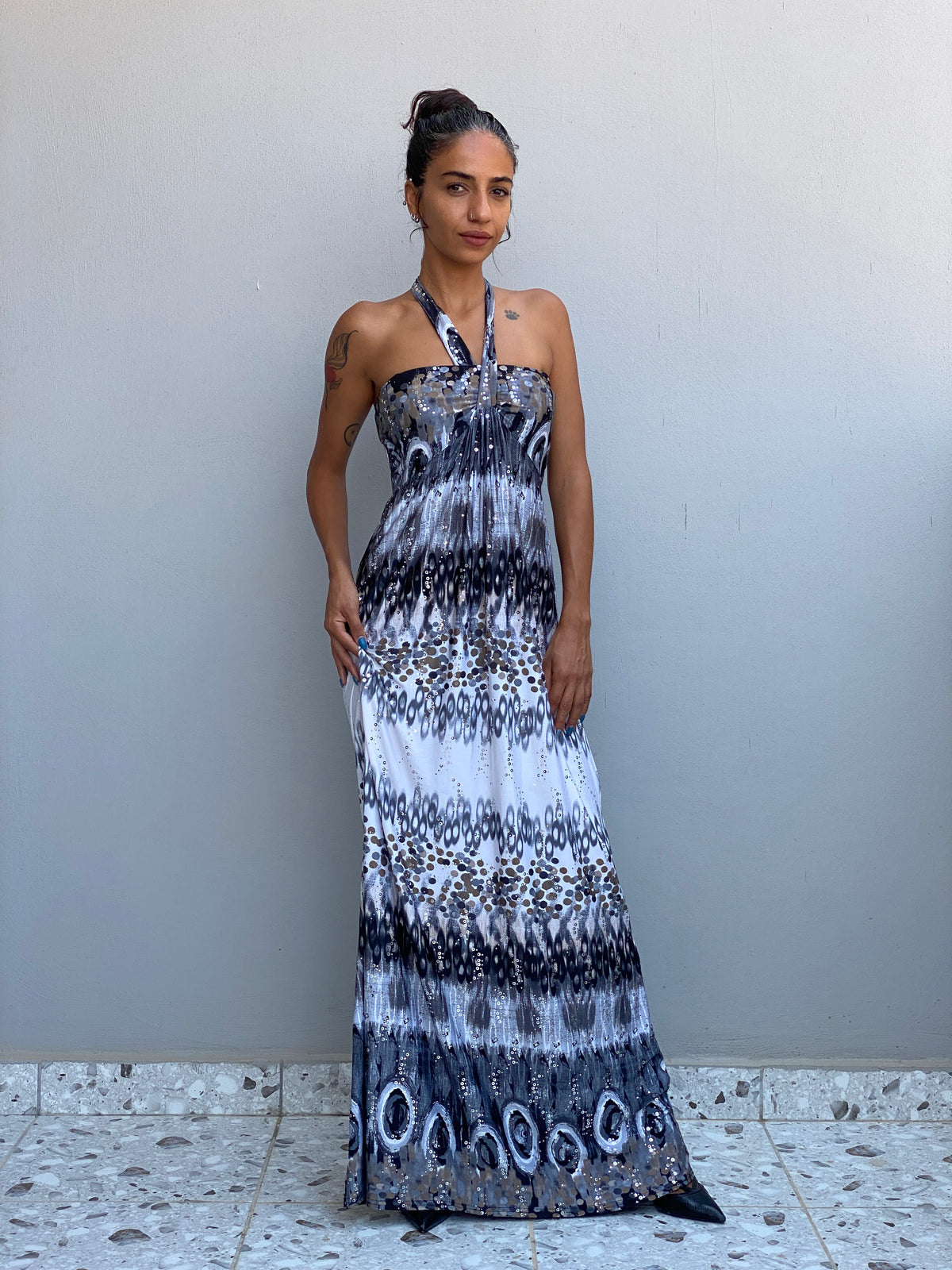 Vintage Y2K Evita Grey Black Sequin Halter Neck Maxi Dress - S Vintage Y2K Evita Grey Black Sequin Halter Neck Maxi Dress - S