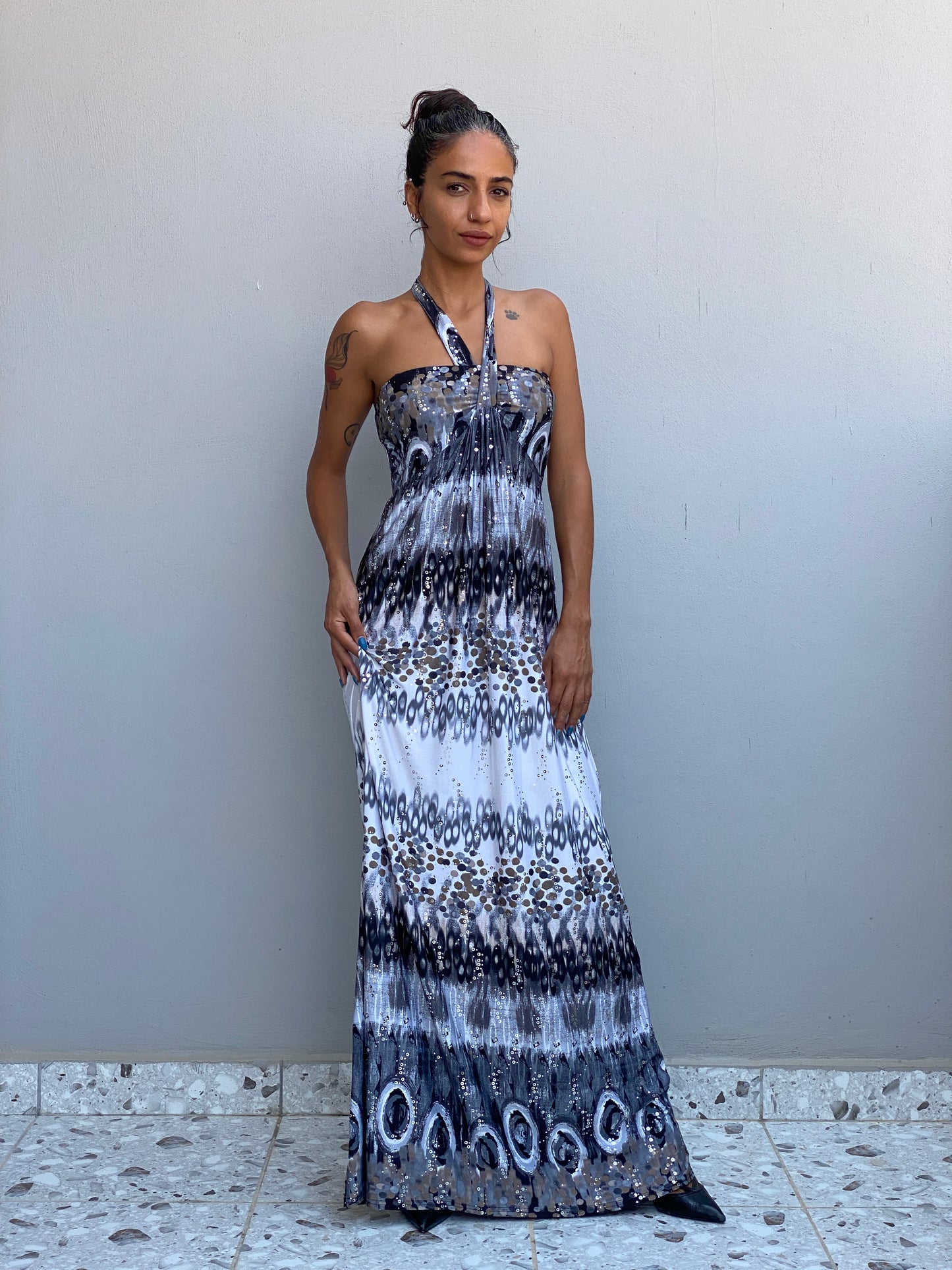 Vintage Y2K Evita Grey Black Sequin Halter Neck Maxi Dress - S