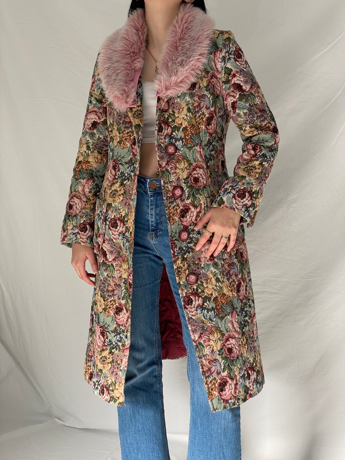 Vintage Statement Handmade Floral Tapestry Quilted Coat with Pink Faux Fur Collar - M
