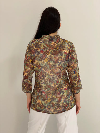 Vintage Y2K Makon Multicolor Paisley Embroidered Sheer Tunic Blouse - L