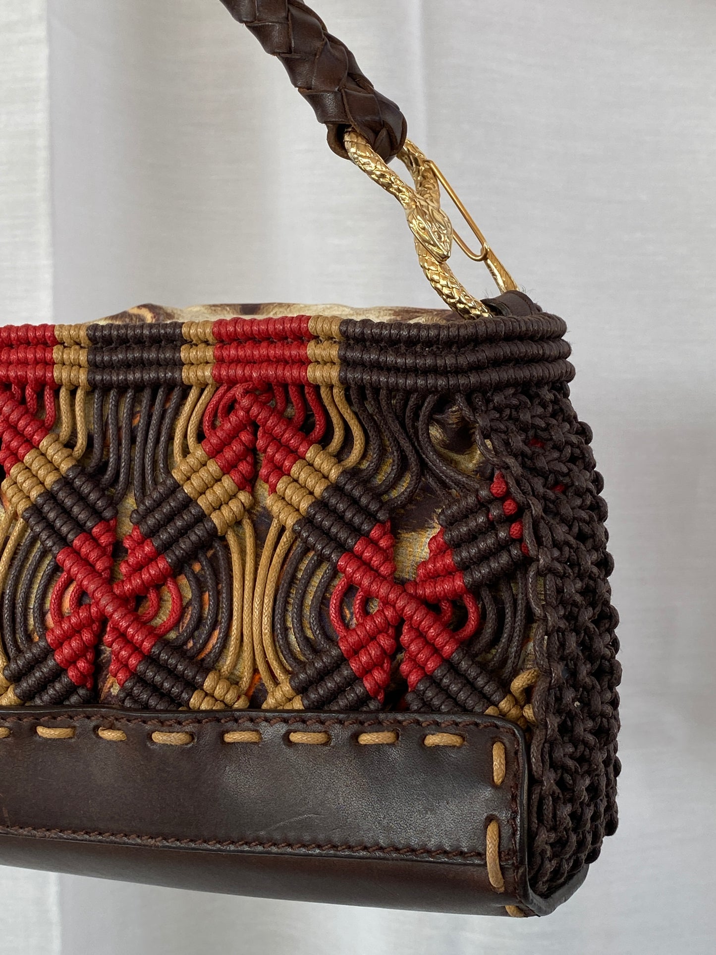 Early 00s Roberto Cavalli Macrame Cord Bag with Leopard Lining