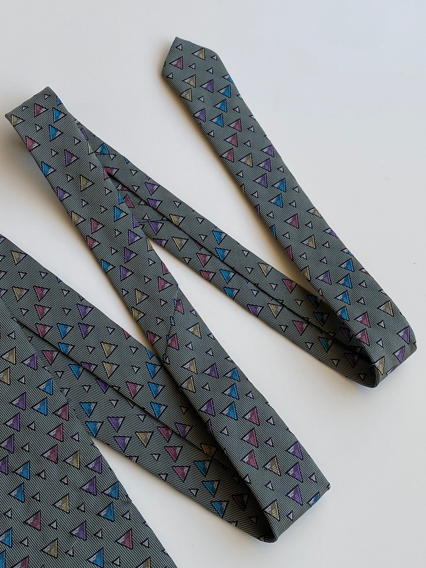 Vintage 1990s Grey Multicolor Geometric Triangle Polyester Necktie