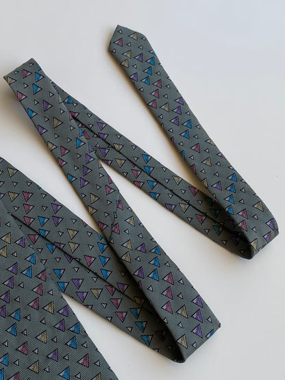 Vintage 1990s Grey Multicolor Geometric Triangle Polyester Necktie