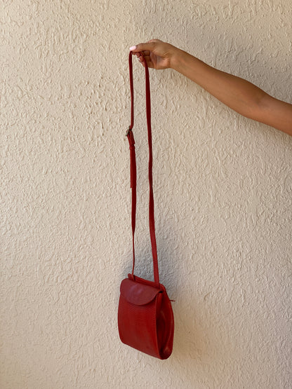Vintage 80s Funbag Red Embossed Leather Structured Crossbody Bag