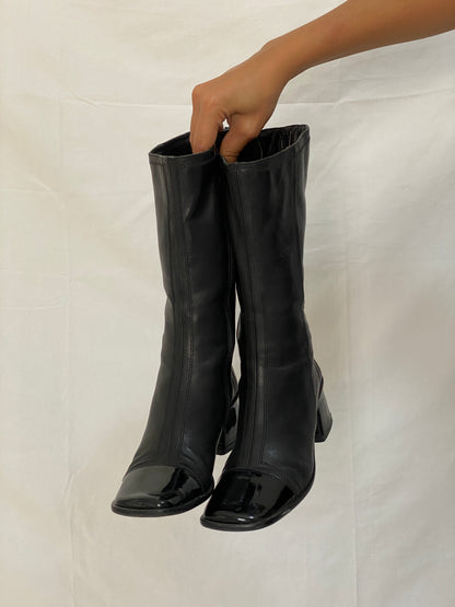 Vintage JOA Italian Black Leather Patent Block Heel & Square Toe Mid-Calf Boots - 36EU