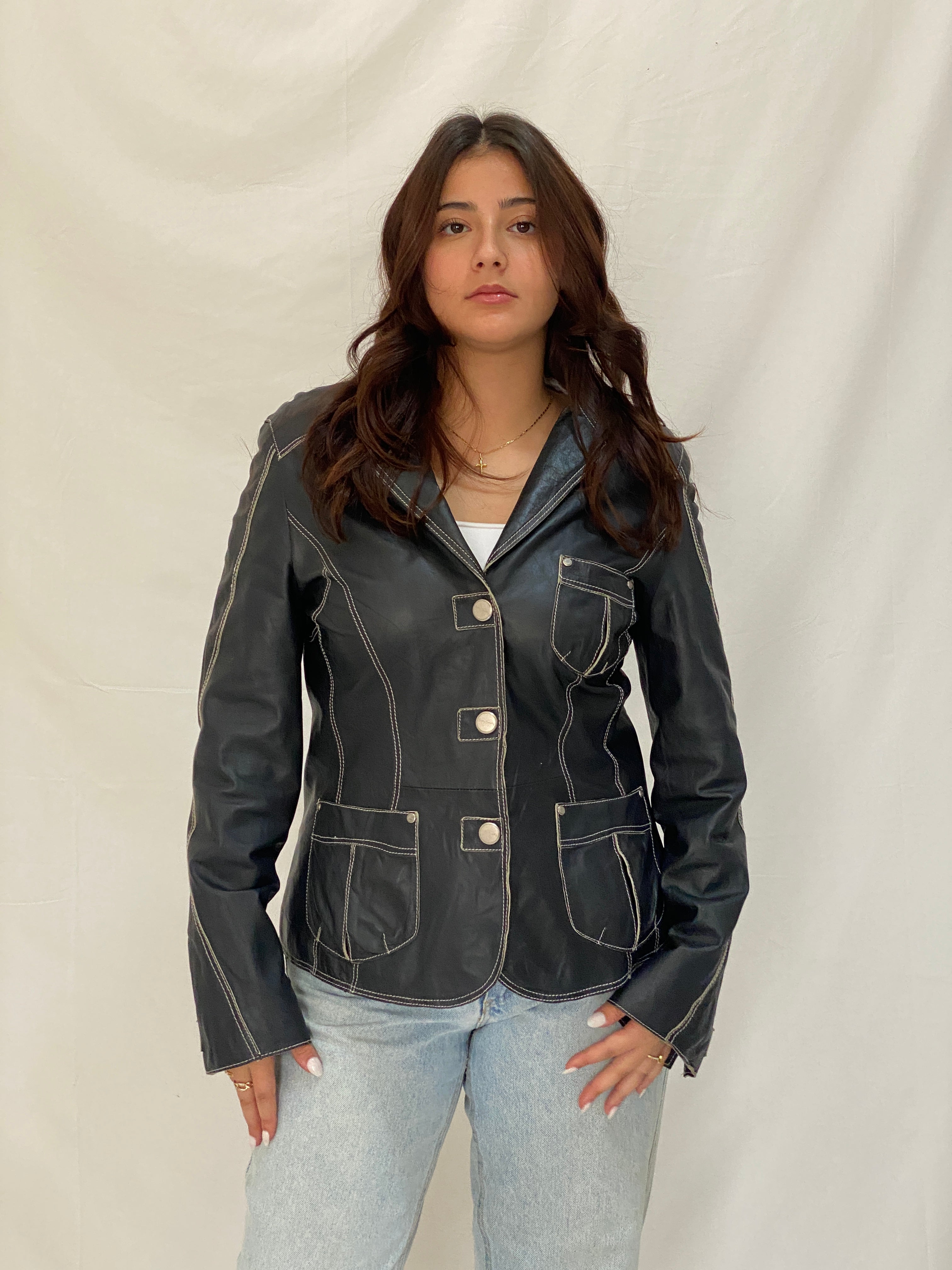Vintage Betty Barclay Genuine Leather Jacket Dark Navy Contrast Stitch Blazer Style - L