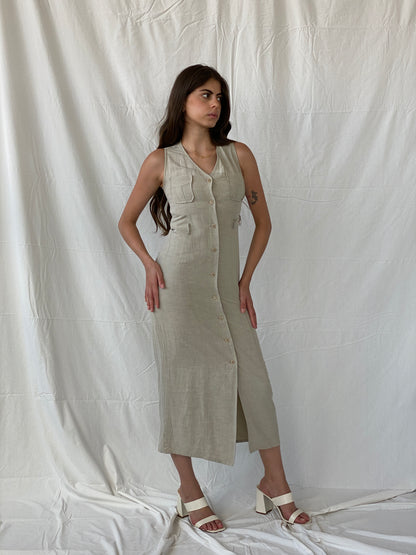 Early 00s Zara Woman Linen Button Down Maxi Beige Dress - S