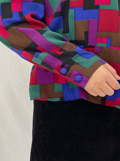 Vintage Handmade 80s Multicolor Abstract Geometric Print Long Sleeve Button-Up Shirt – XL