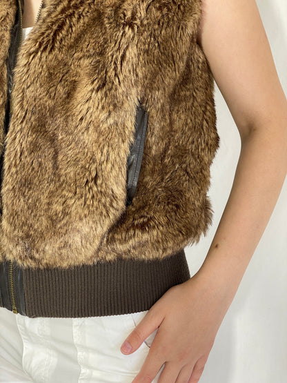 Y2K Mystical Charms Faux Fur Brown Sleeveless Zip Up Vest - M