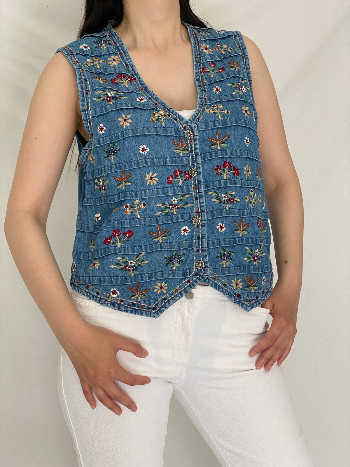 Vintage New Directions Boho Floral Embroidered Denim Vest - L Vintage New Directions Boho Floral Embroidered Denim Vest - L