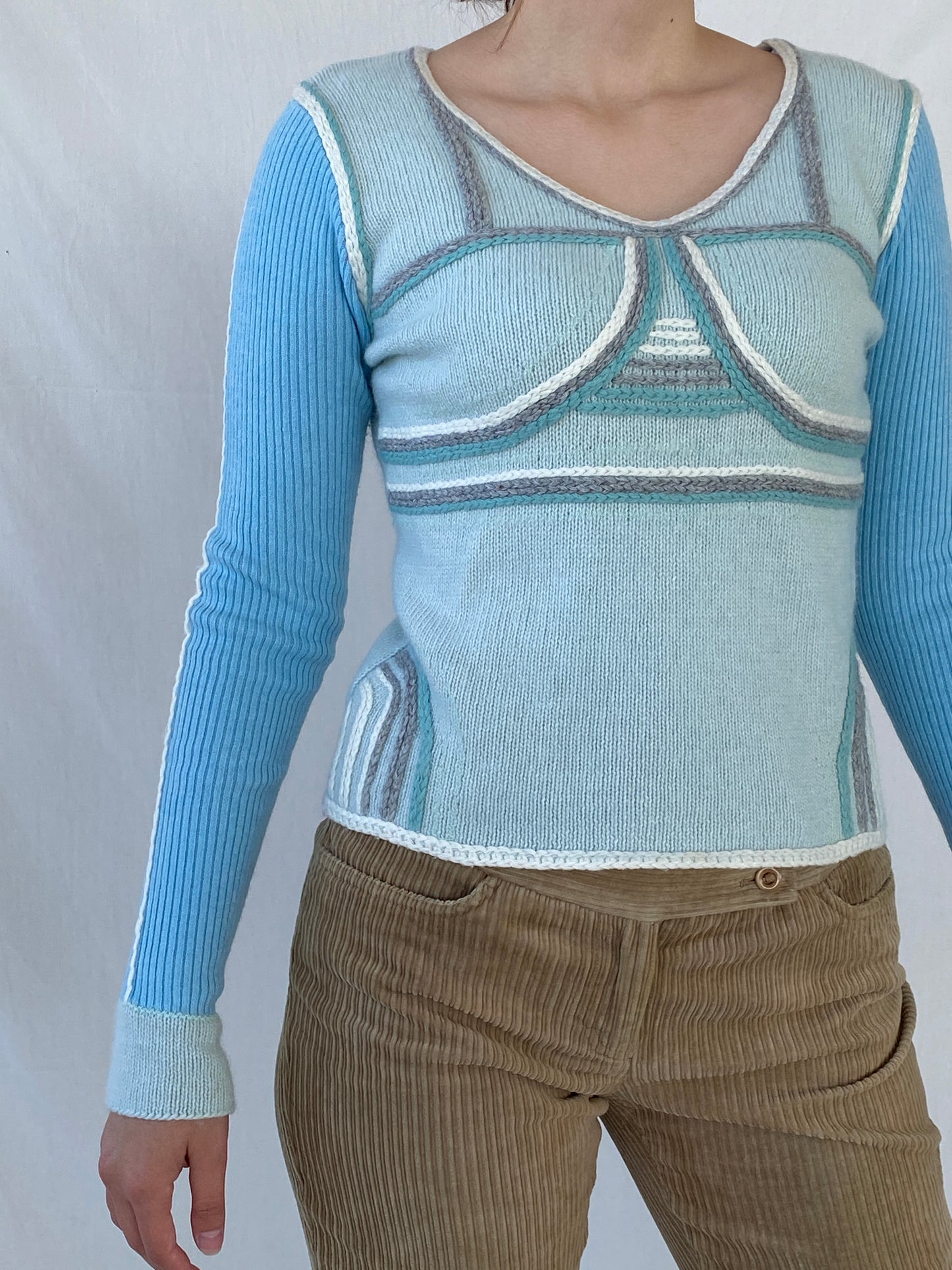 Vintage SUCHITA Rib Knit Pastel Blues Wool Long Sleeve Top - M