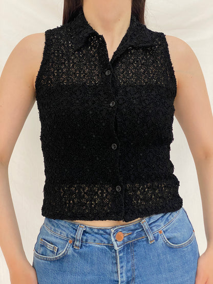 Y2K Black Crochet Knit Sleeveless Button-Up Cropped See Through Shirt – S