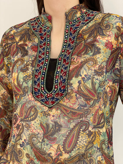 Vintage Y2K Makon Multicolor Paisley Embroidered Sheer Tunic Blouse - L