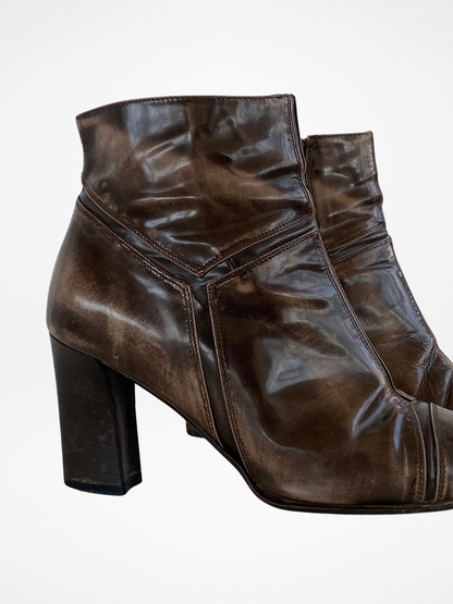 90s Mexx Bronze Leather Elongated Square Toe Ankle Boots - 39