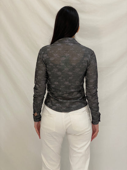 Vintage 90s BSB Club Gray Silver Floral Embroidered Fitted Shirt - S