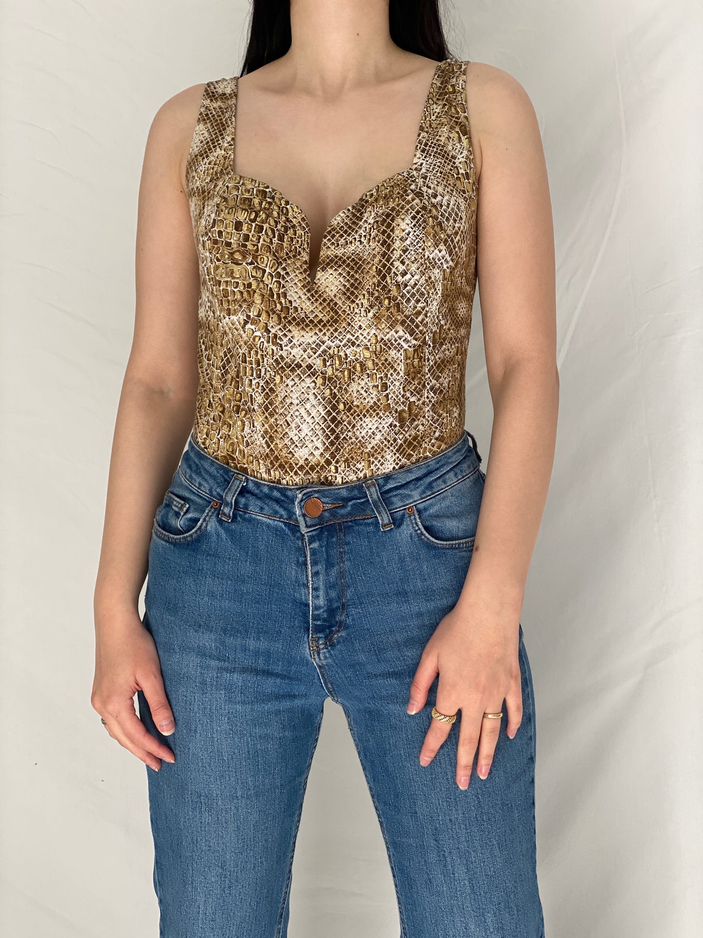 Vintage Y2K Michel Adam Gold Brown Snake Print Low Back Bodysuit - M